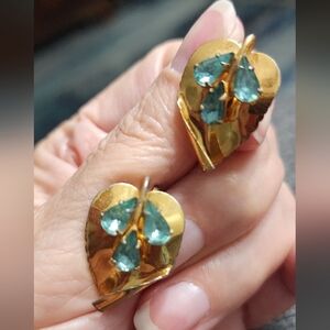 Vintage Gold Vermeil Sterling Silver Leaf Earrings Blue Crystals